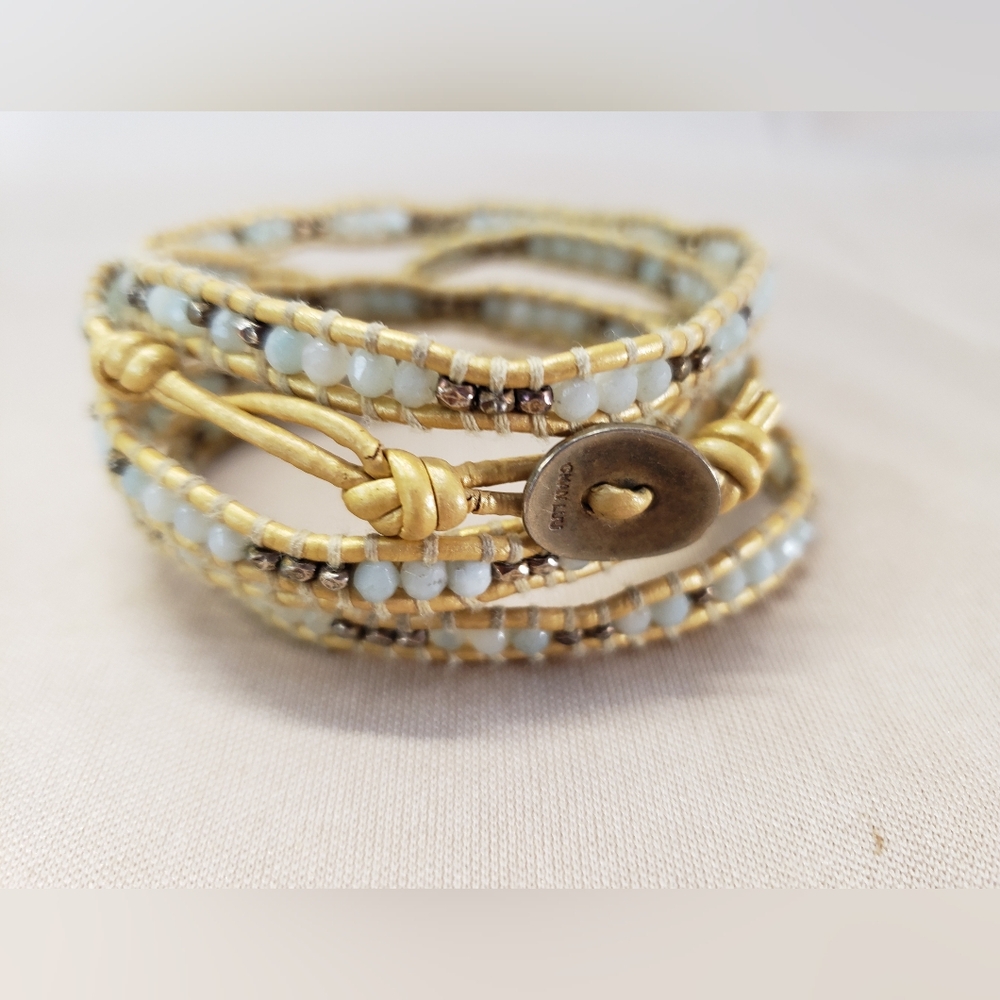 Chan Luu Gold Leather and White Gemstone Bead Wrap Bracelet 34"